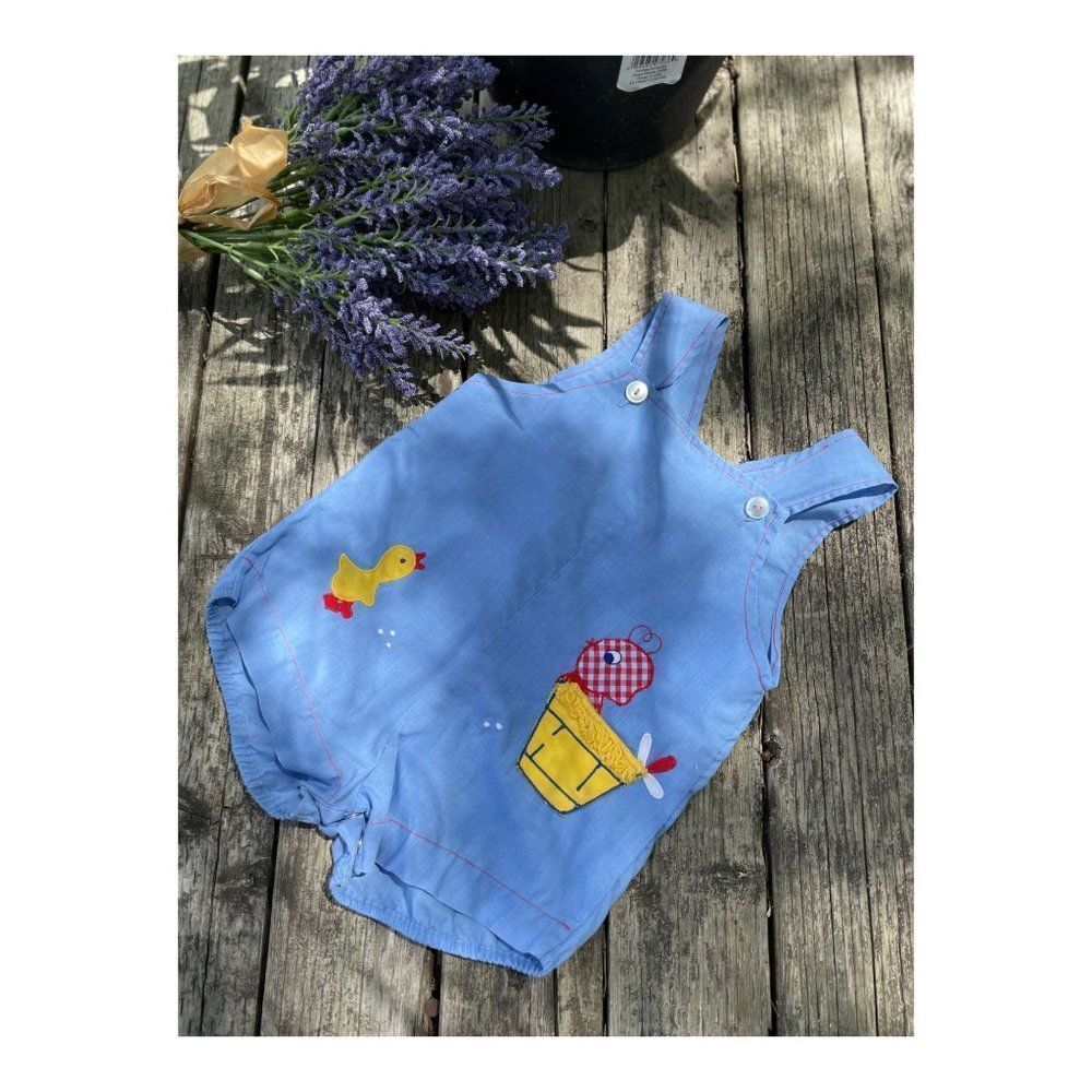 Vintage Hand Made Bubble Romper Shortalls Chambray Baby Chic Applique Unisex